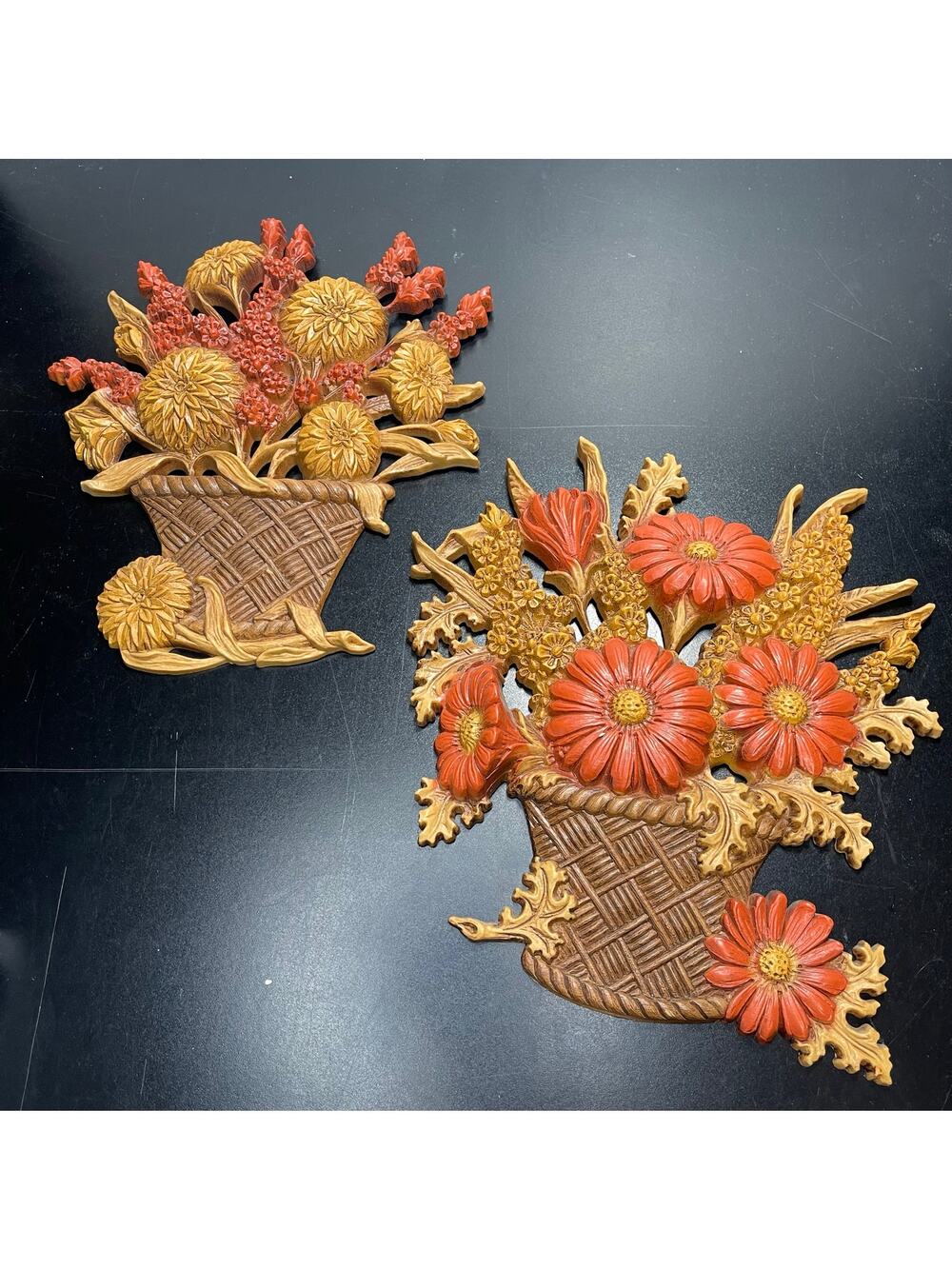 Vintage 1977 Burwood Wall Plaques 2066-1 & 2066-2 Autumn Flower Baskets Set of 2